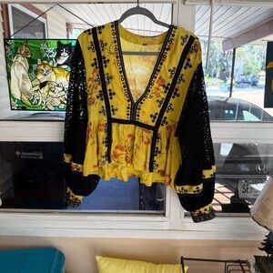 Free People Yellow Floral Embroidered Blouse